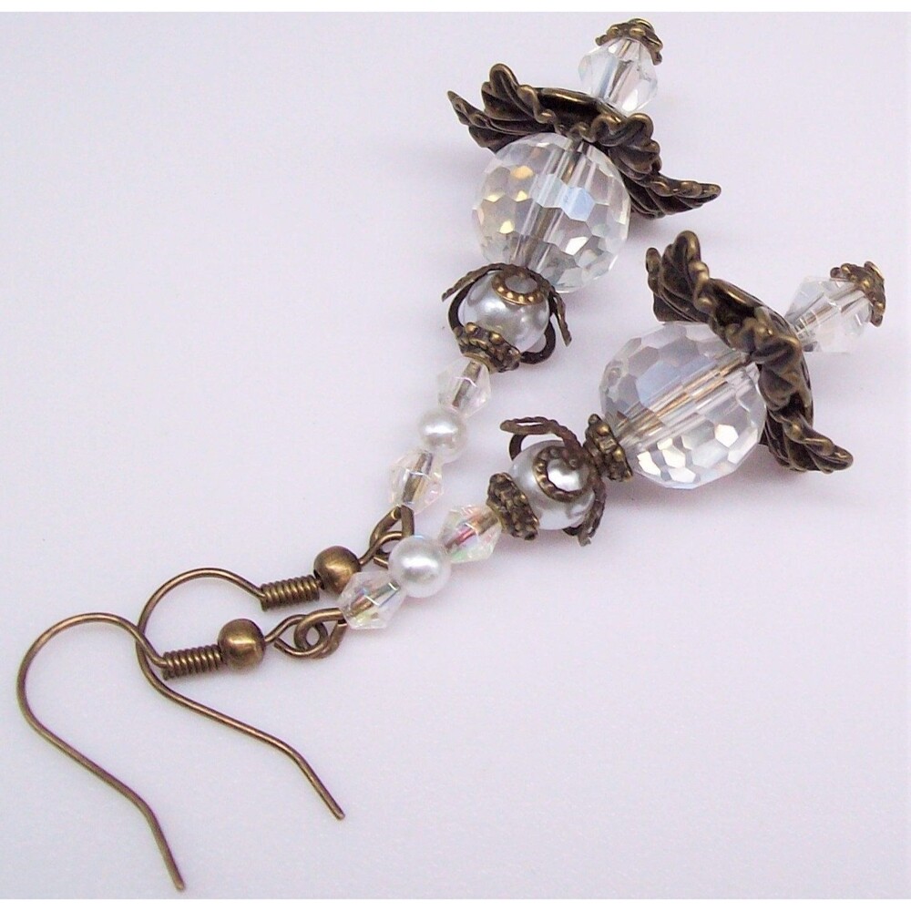 Vintage Style Victorian Dangle Earrings, Crystal, Bronze,